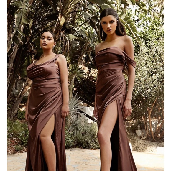 BROWN MAXI DRESS 🤎 Cinderella Divine 7488 Satin Off Shoulder Dress - Picture 4 of 6